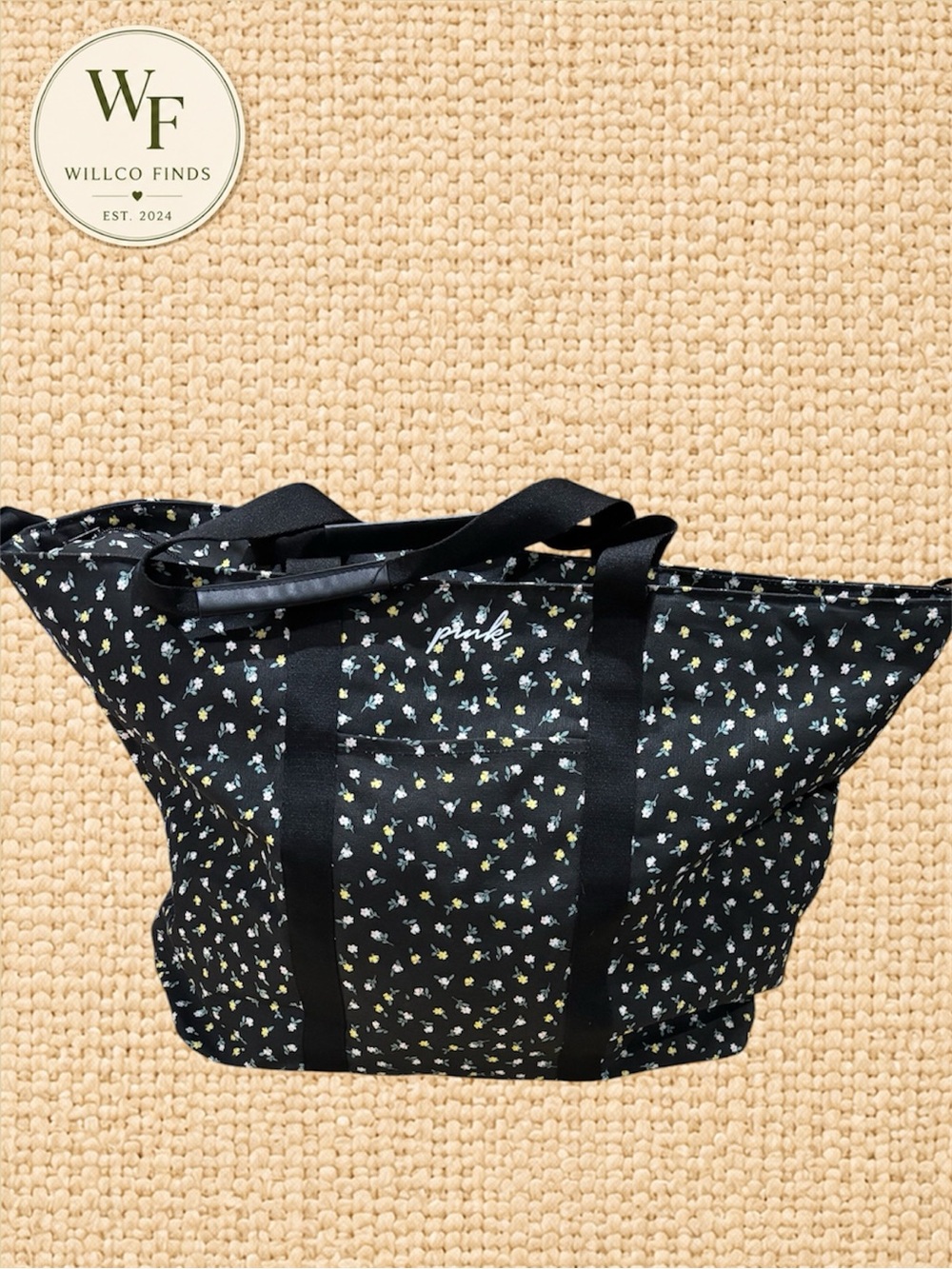 PINK Victoria's Secret Black Floral Tote with Yellow & White Accents